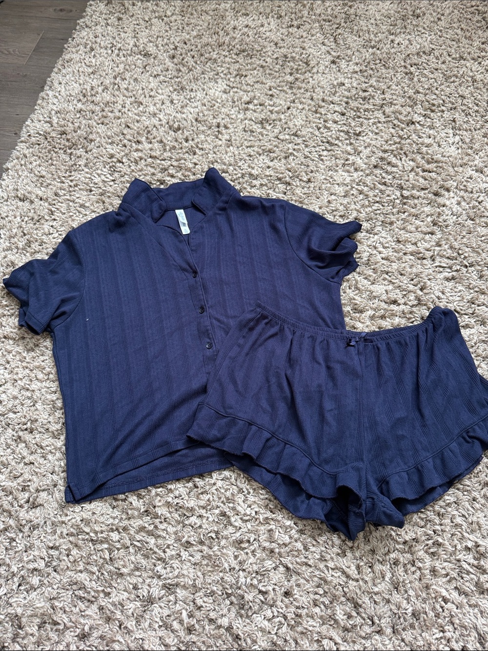 wild fable Navy Ribbed Button-Front Sleep Top & Short Set